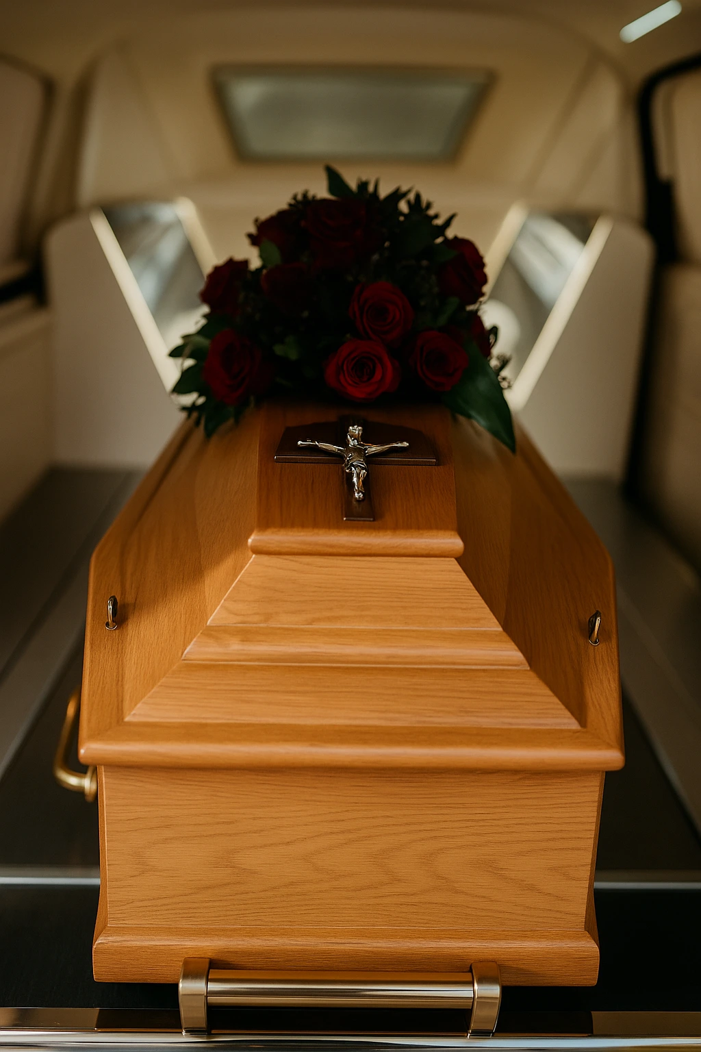 Trumna z jasnego drewna z krzyżem